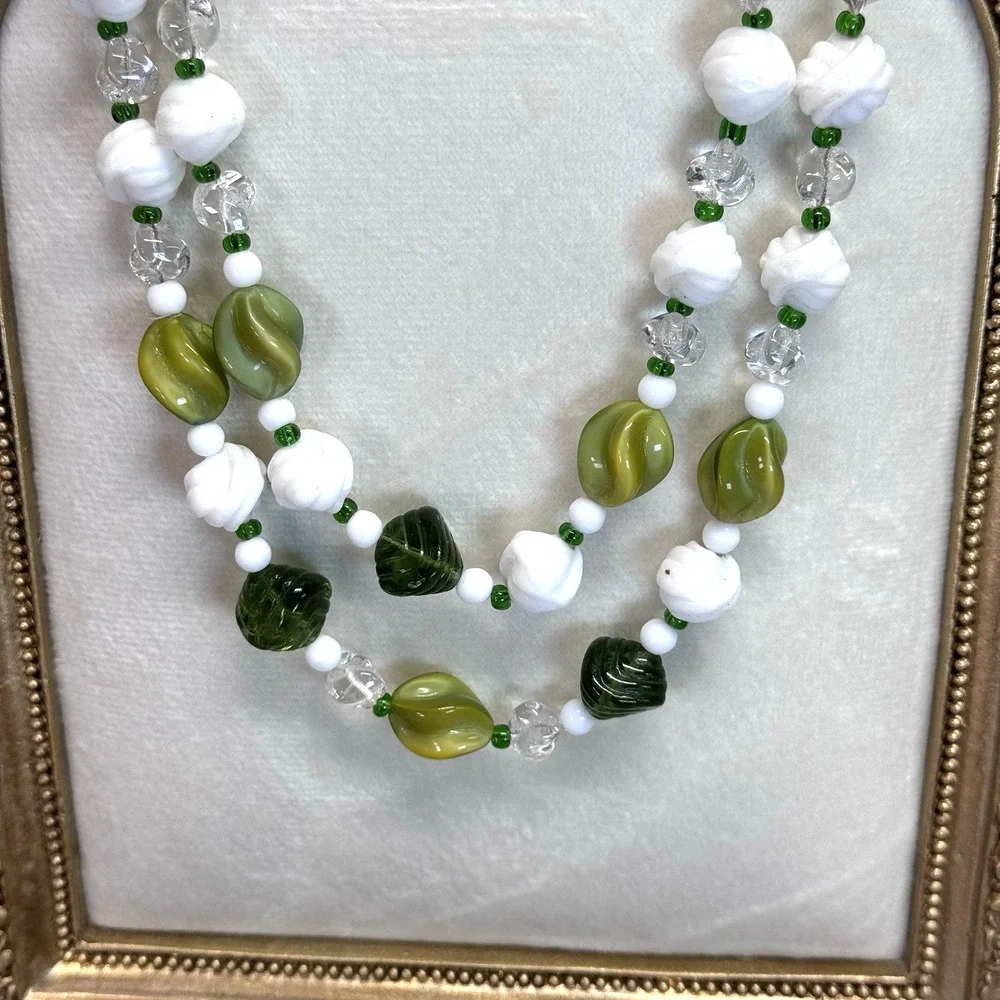 Vintage 2 Strand Green White Beaded‎ Necklace Earrings Set 1950s Costume Jewelry